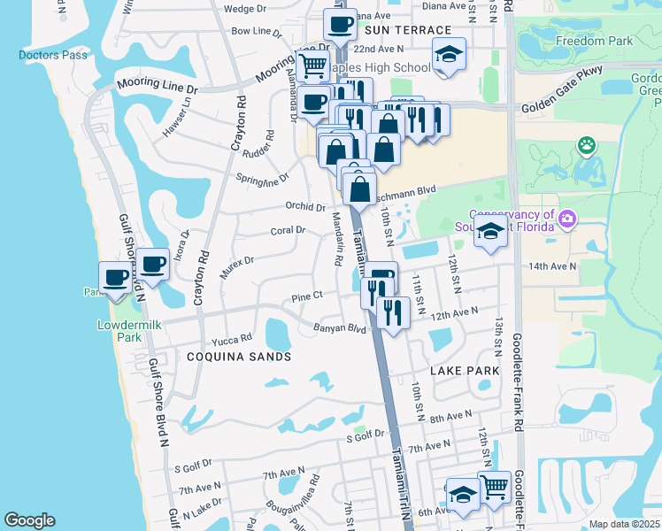 map of restaurants, bars, coffee shops, grocery stores, and more near 1471 Mandarin Road in Naples