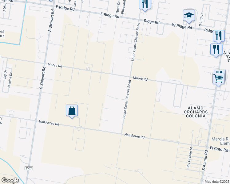 map of restaurants, bars, coffee shops, grocery stores, and more near 2305 Cesar Chavez Road in Alamo