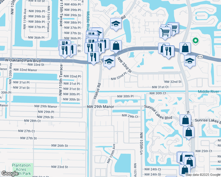 map of restaurants, bars, coffee shops, grocery stores, and more near 3100 Northwest 109th Avenue in Sunrise