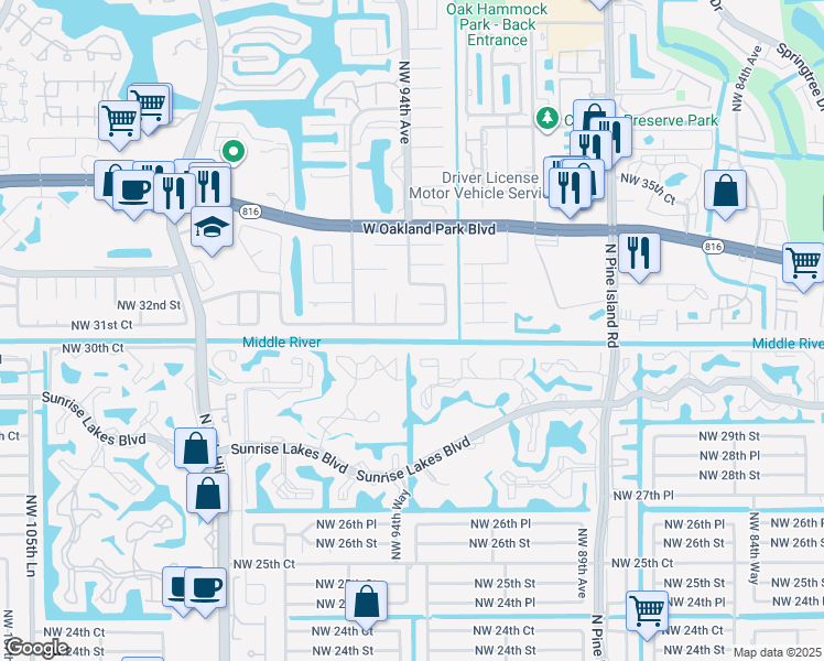 map of restaurants, bars, coffee shops, grocery stores, and more near 9370 Northwest 31st Place in Sunrise