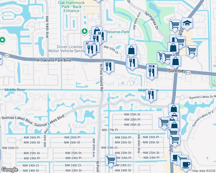 map of restaurants, bars, coffee shops, grocery stores, and more near 8590 Sunrise Lakes Boulevard in Sunrise