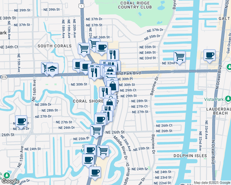 map of restaurants, bars, coffee shops, grocery stores, and more near 2900 North Federal Highway in Fort Lauderdale