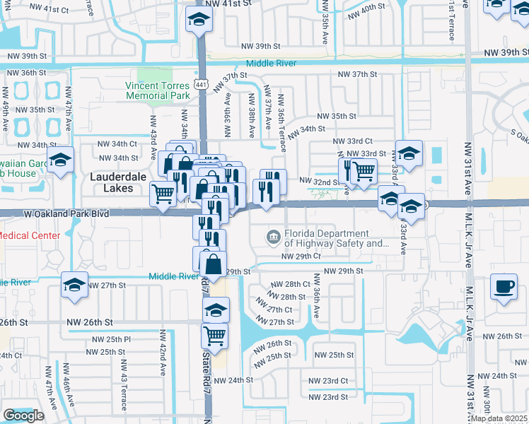 map of restaurants, bars, coffee shops, grocery stores, and more near 3660 Northwest 31st Avenue in Oakland Park