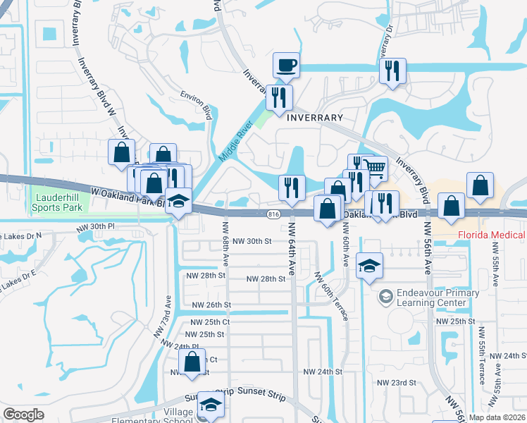 map of restaurants, bars, coffee shops, grocery stores, and more near 6536 West Oakland Park Boulevard in Sunrise