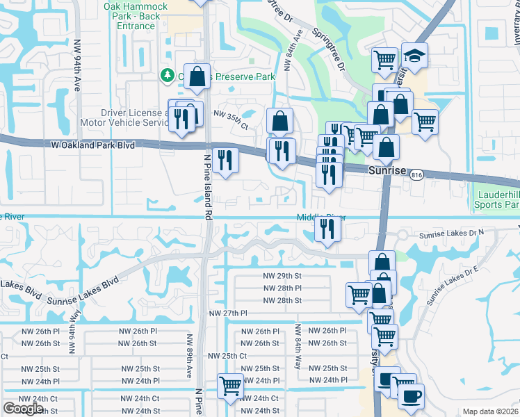map of restaurants, bars, coffee shops, grocery stores, and more near 8530 Northwest 31st Court in Sunrise