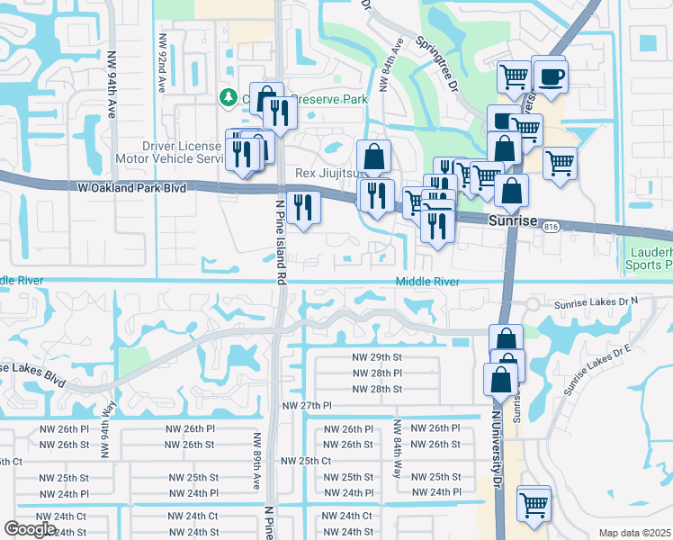 map of restaurants, bars, coffee shops, grocery stores, and more near 8580 Northwest 31st Court in Sunrise