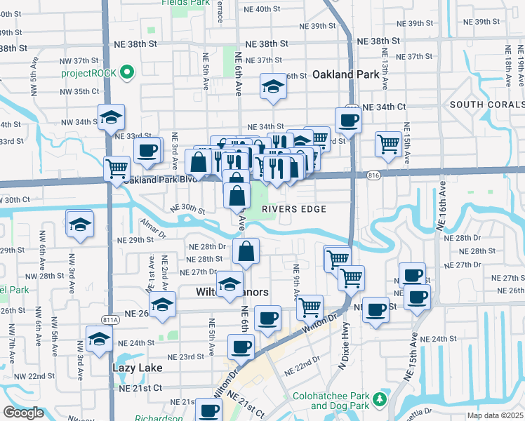 map of restaurants, bars, coffee shops, grocery stores, and more near 670 East Oakland Park Boulevard in Oakland Park