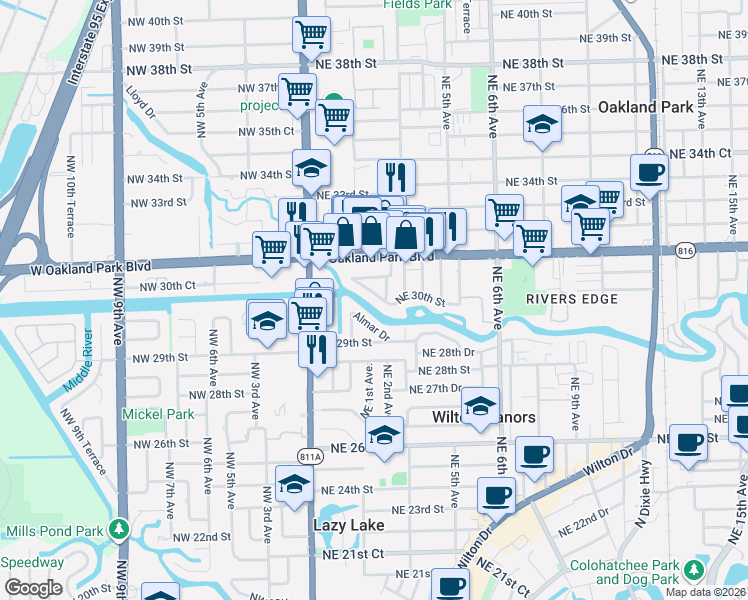 map of restaurants, bars, coffee shops, grocery stores, and more near 208 Northeast 30th Street in Wilton Manors
