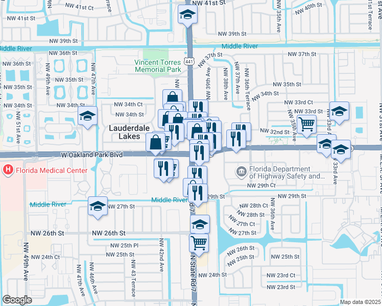 map of restaurants, bars, coffee shops, grocery stores, and more near Lakes Mall in Lauderdale Lakes
