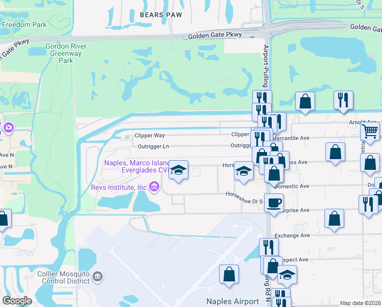 map of restaurants, bars, coffee shops, grocery stores, and more near 2404 River Reach Drive in Naples