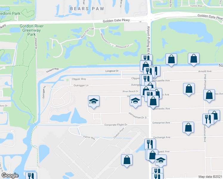 map of restaurants, bars, coffee shops, grocery stores, and more near 2500 River Reach Drive in Naples
