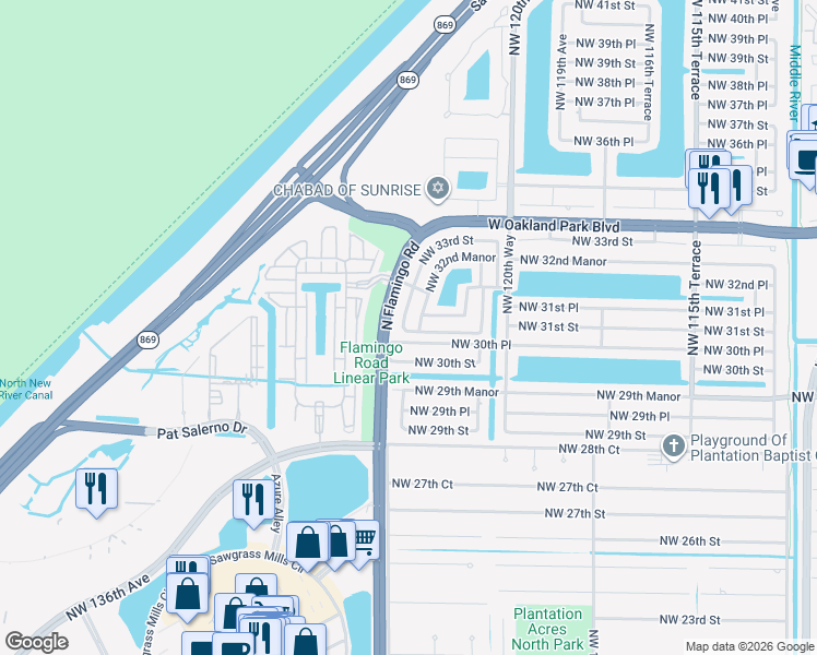 map of restaurants, bars, coffee shops, grocery stores, and more near 12322 Northwest 30th Manor in Sunrise