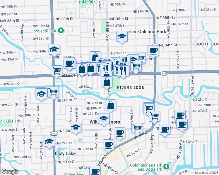 map of restaurants, bars, coffee shops, grocery stores, and more near 3000 Northeast 6th Avenue in Oakland Park