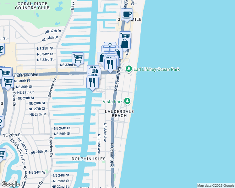 map of restaurants, bars, coffee shops, grocery stores, and more near 2909 Center Avenue in Fort Lauderdale