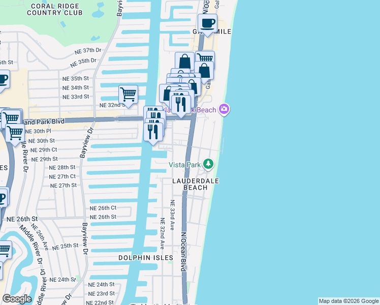 map of restaurants, bars, coffee shops, grocery stores, and more near 2909 Center Avenue in Fort Lauderdale