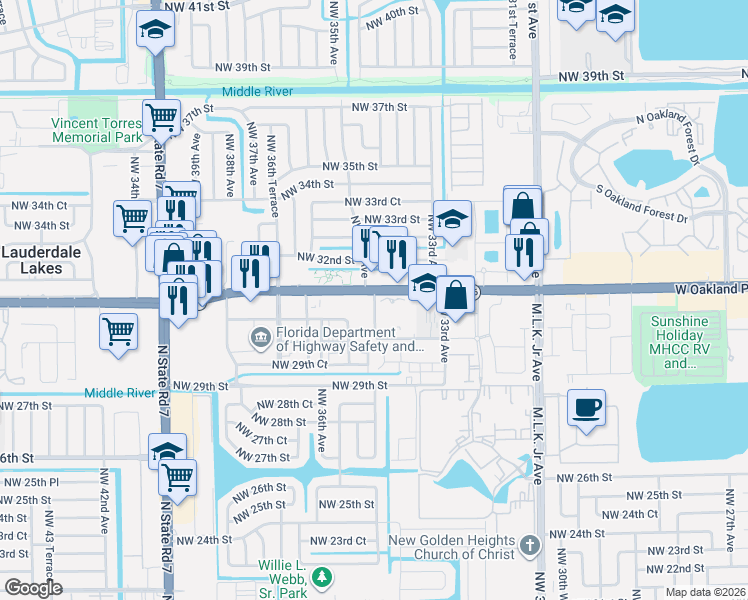 map of restaurants, bars, coffee shops, grocery stores, and more near 3500 West Oakland Park Boulevard in Lauderdale Lakes