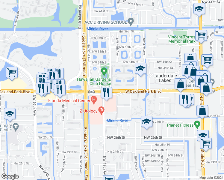 map of restaurants, bars, coffee shops, grocery stores, and more near in Lauderdale Lakes