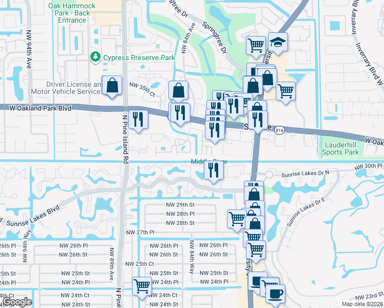 map of restaurants, bars, coffee shops, grocery stores, and more near 3118 Northwest 84th Avenue in Sunrise