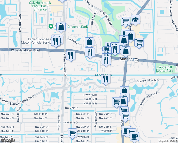 map of restaurants, bars, coffee shops, grocery stores, and more near 3107 Northwest 84th Way in Sunrise