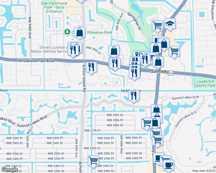 map of restaurants, bars, coffee shops, grocery stores, and more near 3107 Northwest 84th Way in Sunrise