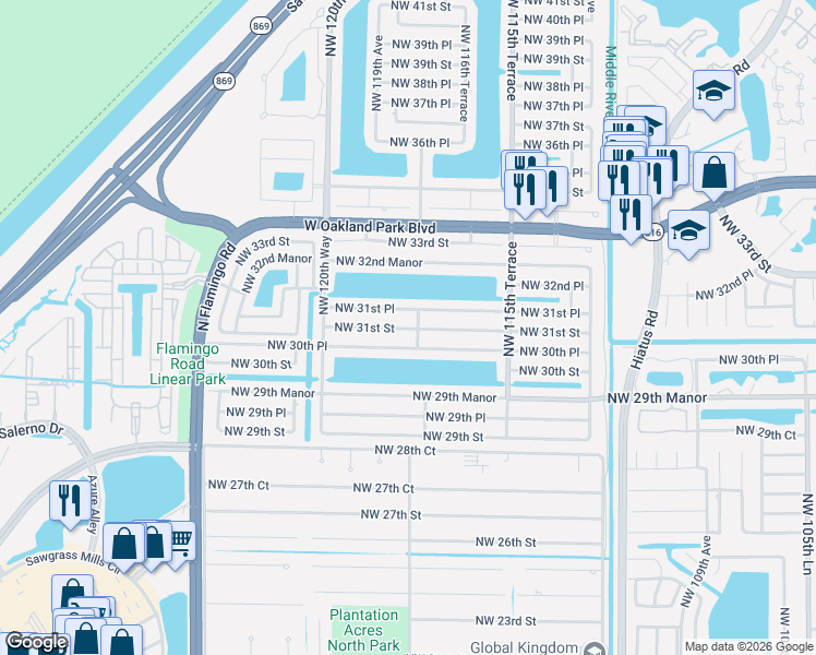 map of restaurants, bars, coffee shops, grocery stores, and more near 11751 Northwest 30th Place in Sunrise