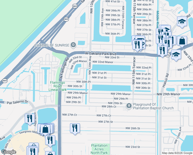 map of restaurants, bars, coffee shops, grocery stores, and more near 12011 Northwest 30th Place in Sunrise