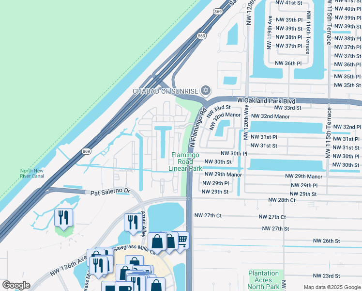 map of restaurants, bars, coffee shops, grocery stores, and more near 3138 Northwest 124th Way in Sunrise
