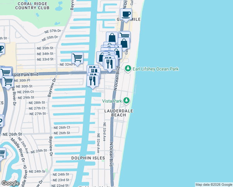 map of restaurants, bars, coffee shops, grocery stores, and more near 2920 North Ocean Boulevard in Fort Lauderdale