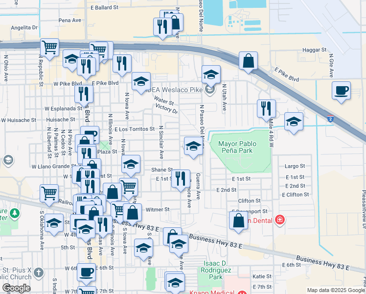 map of restaurants, bars, coffee shops, grocery stores, and more near 814 East Plaza Street in Weslaco