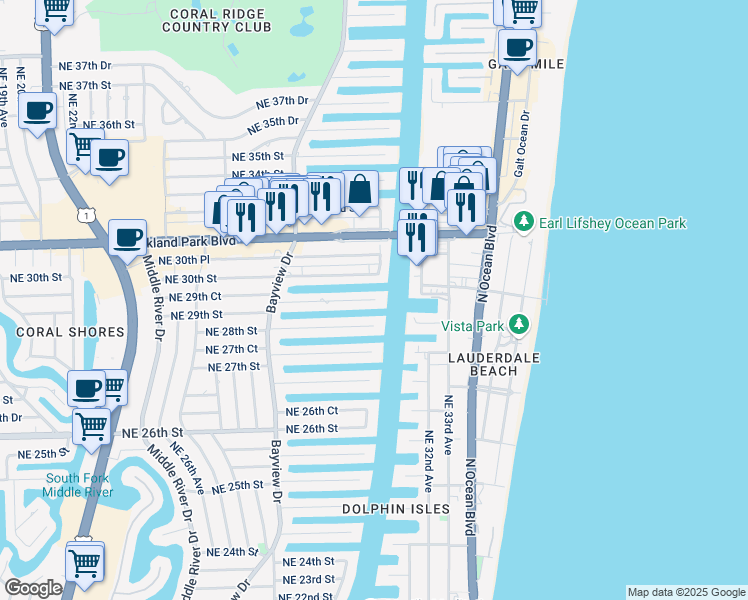 map of restaurants, bars, coffee shops, grocery stores, and more near 2872 Northeast 29th Street in Fort Lauderdale