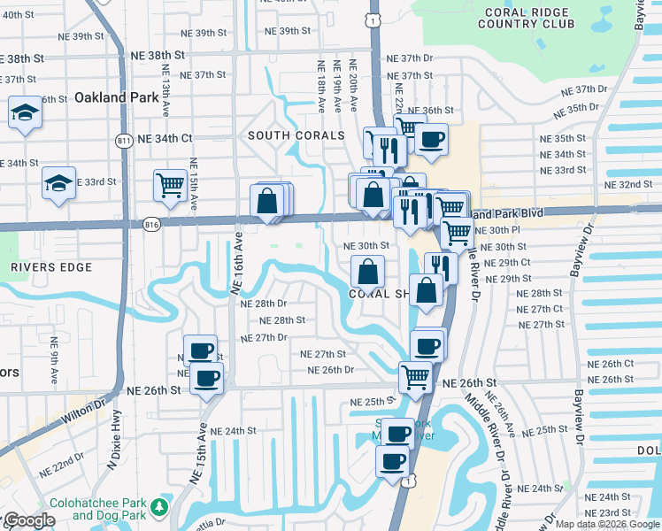 map of restaurants, bars, coffee shops, grocery stores, and more near 2905 Coral Shores Drive in Fort Lauderdale