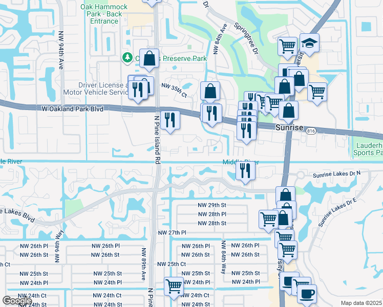 map of restaurants, bars, coffee shops, grocery stores, and more near 8580 Northwest 31st Court in Sunrise