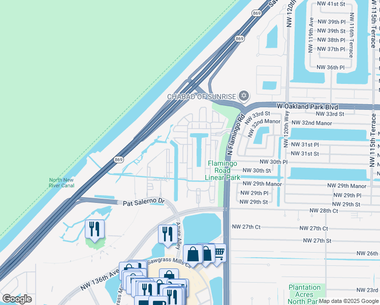 map of restaurants, bars, coffee shops, grocery stores, and more near 3160 Northwest 126th Avenue in Sunrise