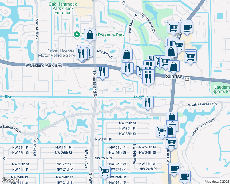 map of restaurants, bars, coffee shops, grocery stores, and more near 8580 Northwest 31st Court in Sunrise