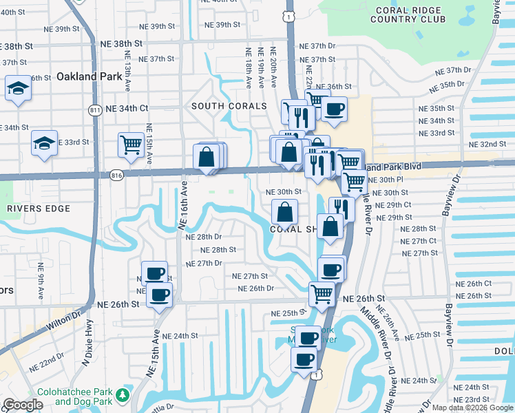 map of restaurants, bars, coffee shops, grocery stores, and more near 2905 Coral Shores Drive in Fort Lauderdale