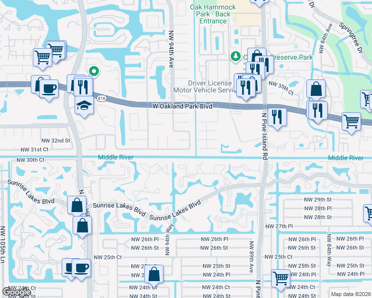 map of restaurants, bars, coffee shops, grocery stores, and more near 9310 Northwest 31st Place in Sunrise