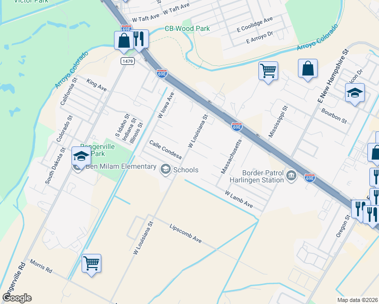 map of restaurants, bars, coffee shops, grocery stores, and more near 405-409 Louisiana St in Harlingen