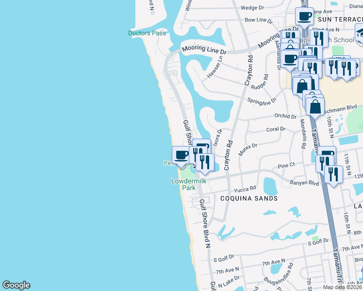 map of restaurants, bars, coffee shops, grocery stores, and more near 1601 Gulf Shore Boulevard North in Naples