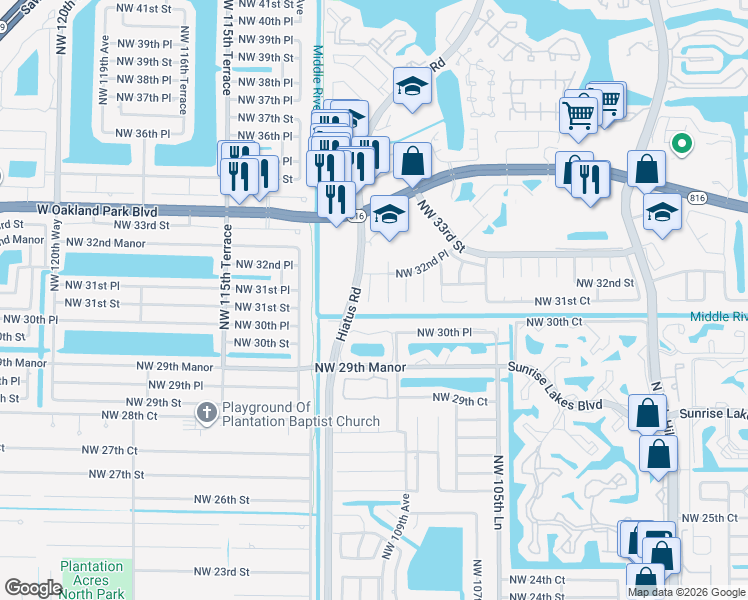 map of restaurants, bars, coffee shops, grocery stores, and more near 3100 Northwest 109th Avenue in Sunrise