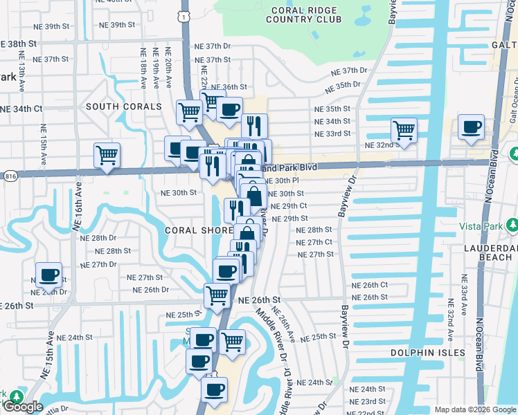 map of restaurants, bars, coffee shops, grocery stores, and more near 2917 Middle River Drive in Fort Lauderdale