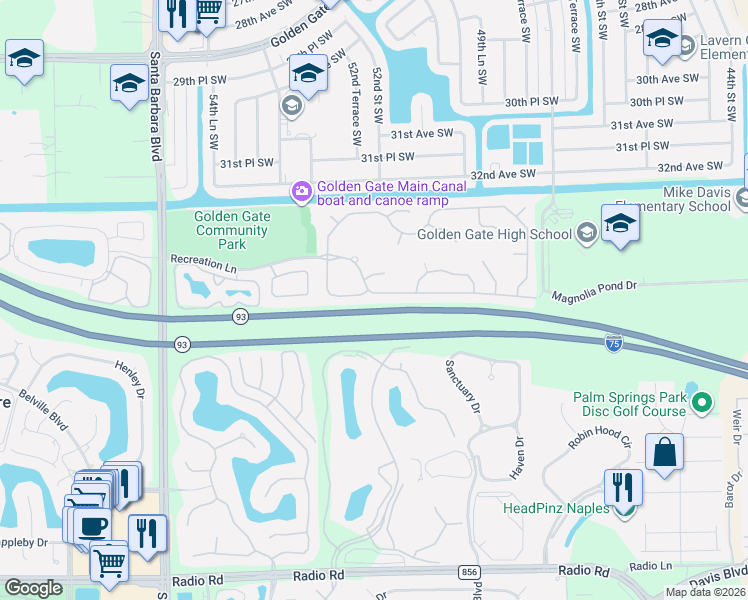 map of restaurants, bars, coffee shops, grocery stores, and more near 4007 Recreation Lane in Naples