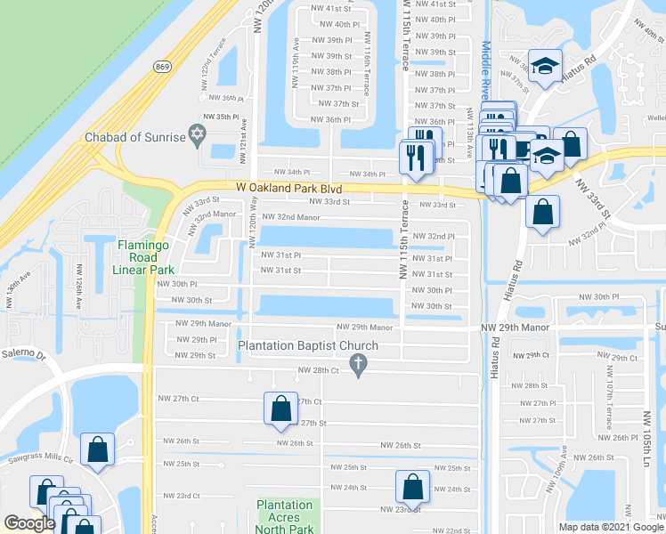 map of restaurants, bars, coffee shops, grocery stores, and more near 11751 Northwest 31st Street in Sunrise