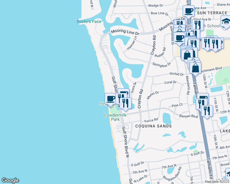 map of restaurants, bars, coffee shops, grocery stores, and more near 1601 Gulf Shore Boulevard North in Naples