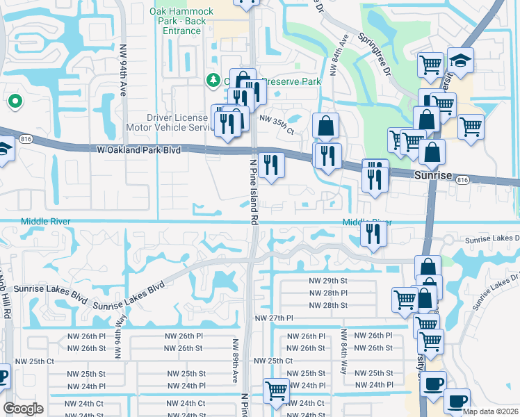 map of restaurants, bars, coffee shops, grocery stores, and more near 8841 Sunrise Lakes Boulevard in Sunrise