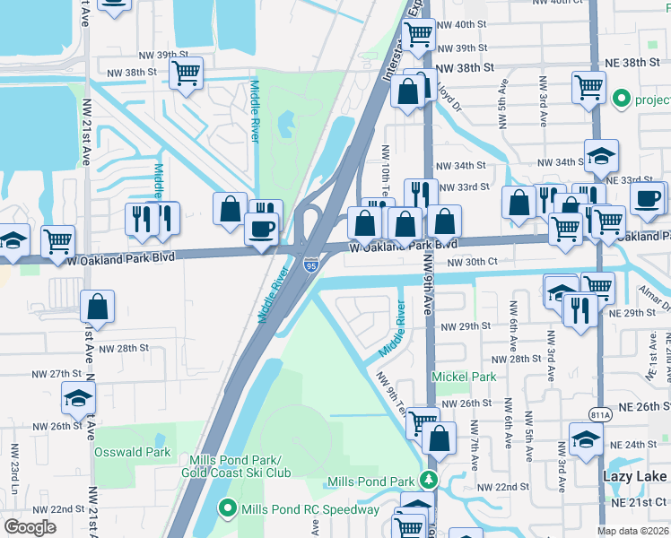 map of restaurants, bars, coffee shops, grocery stores, and more near 1150 Northwest 30th Court in Wilton Manors