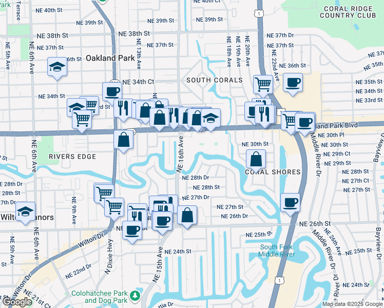 map of restaurants, bars, coffee shops, grocery stores, and more near 2990 Northeast 16th Avenue in Oakland Park