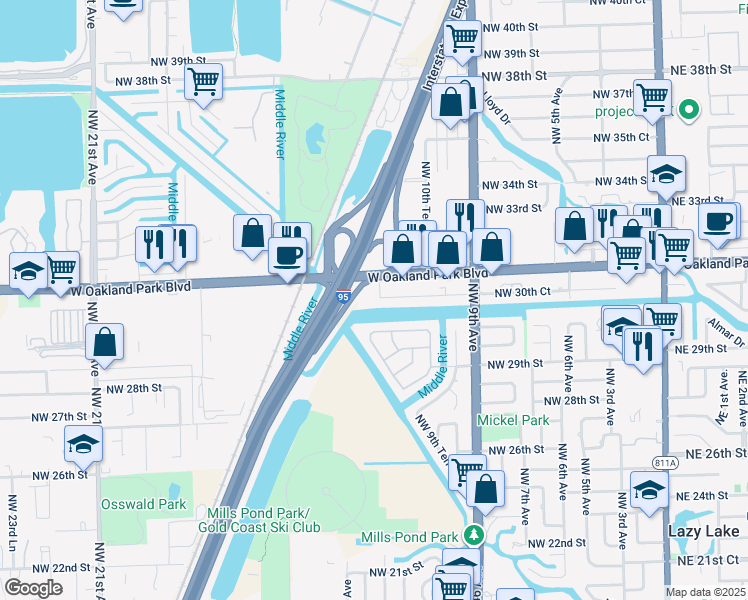 map of restaurants, bars, coffee shops, grocery stores, and more near 1141 Northwest 30th Street in Wilton Manors