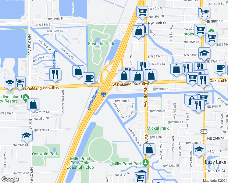map of restaurants, bars, coffee shops, grocery stores, and more near 1141 Northwest 30th Street in Wilton Manors