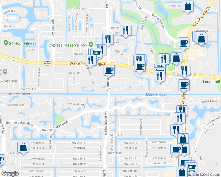 map of restaurants, bars, coffee shops, grocery stores, and more near 8841 Sunrise Lakes Boulevard in Sunrise