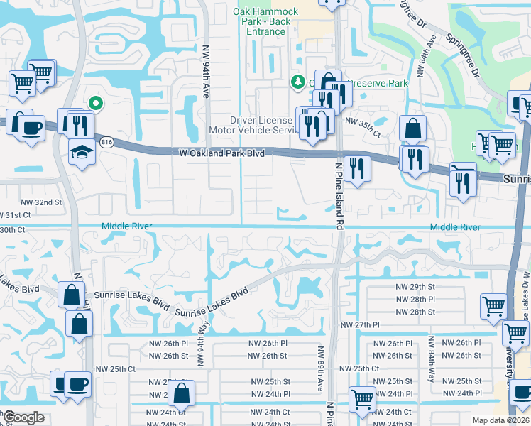 map of restaurants, bars, coffee shops, grocery stores, and more near 9138 Northwest 31st Place in Sunrise